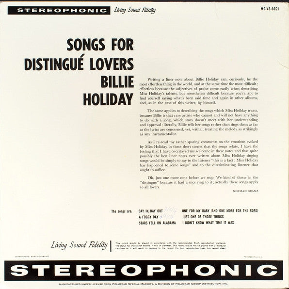 Billie Holiday : Songs For Distingué Lovers (LP, Album, Ltd, RE, 180)