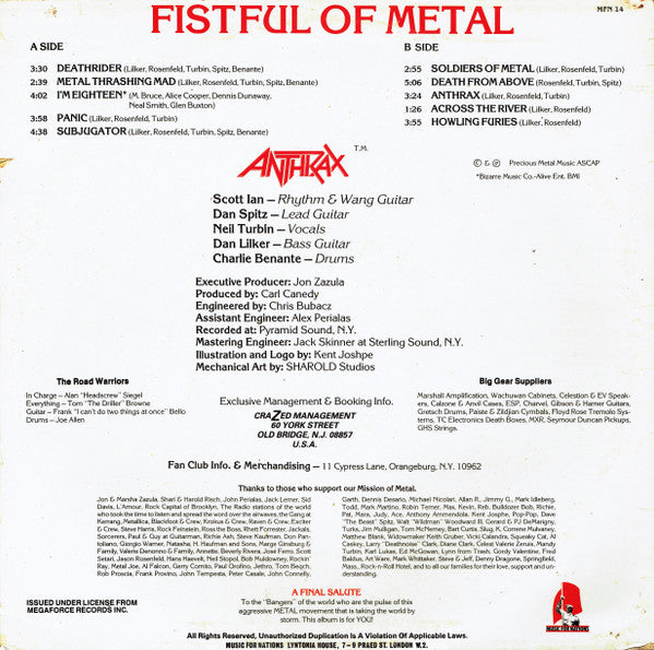 Anthrax : Fistful Of Metal (LP, Album, M/Print, CBS)