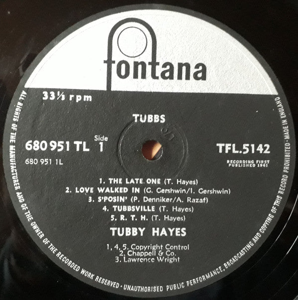 Tubby Hayes : Tubbs (LP, Album, Mono)