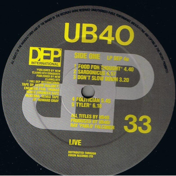 UB40 : Live (LP, Album, Yel)